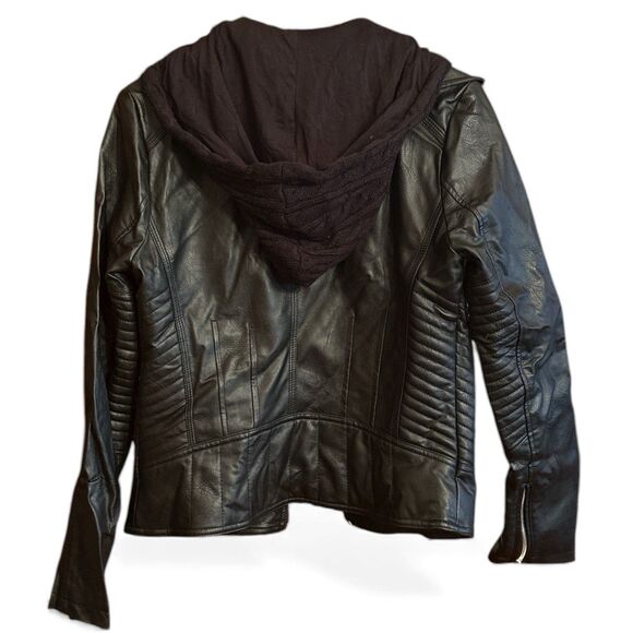 Guess Women’s Faux Leather Biker Jacket Black Removable Hood Size Medium - Picture 2 of 10